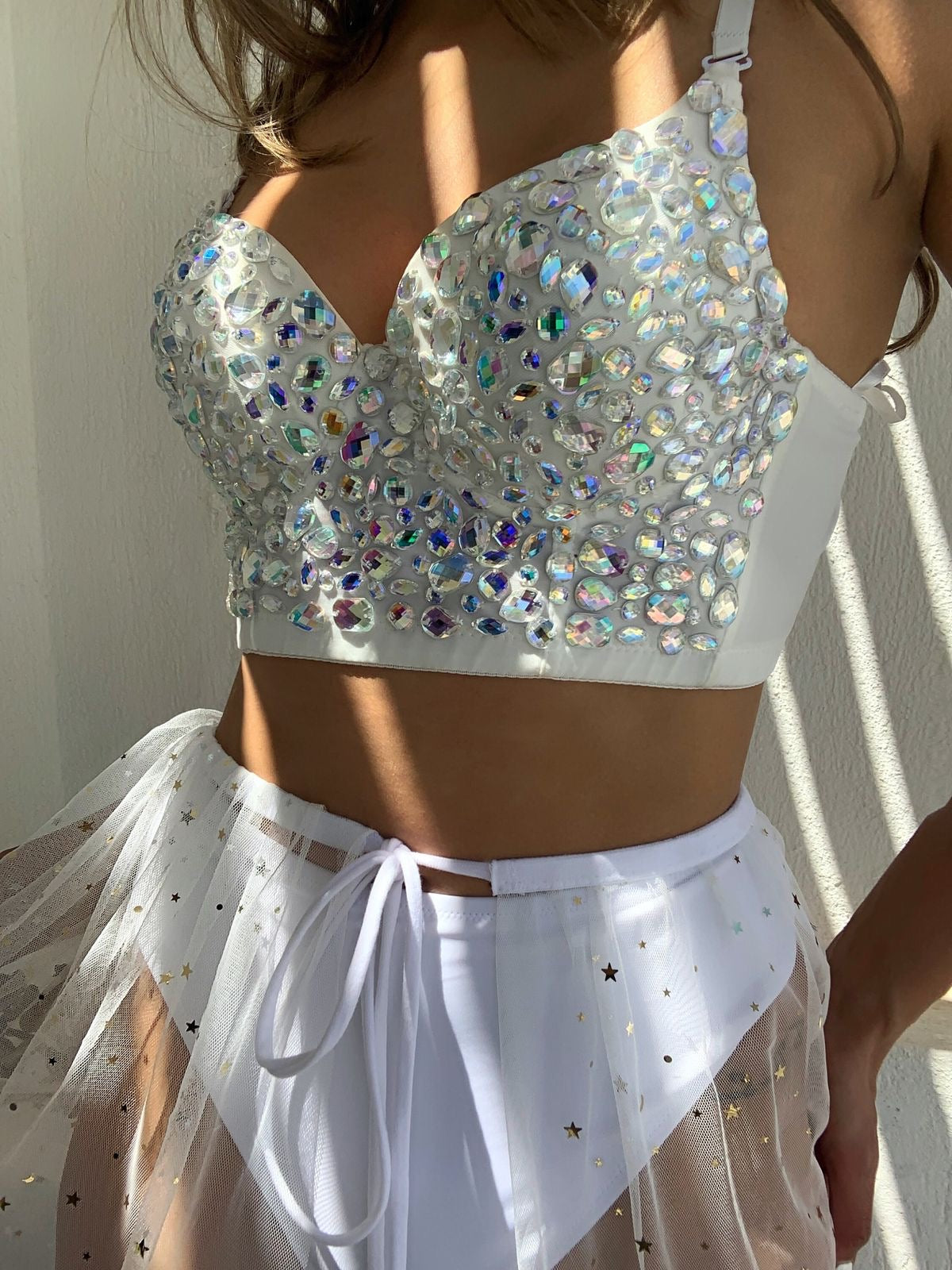 Hand made Bejeweled Bling Rhinestone Crop Top White (Silver stones)