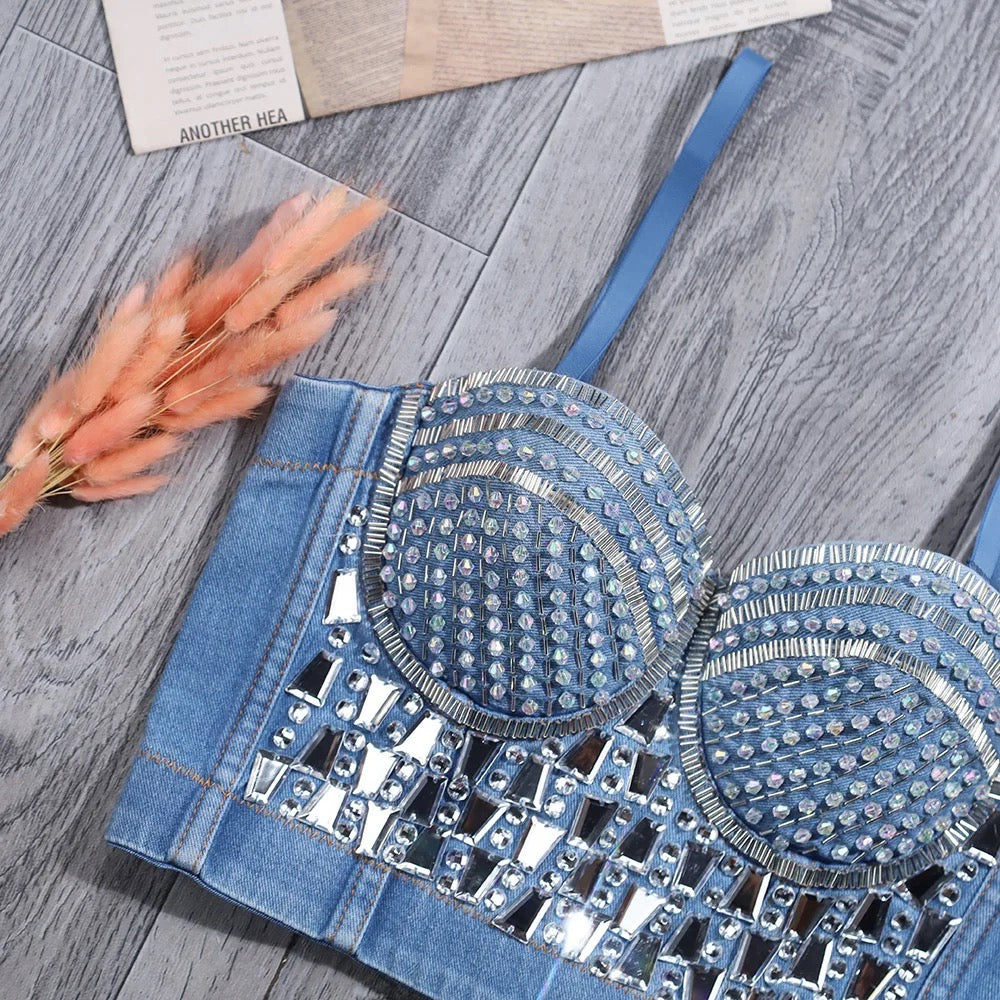 Handmade Bejeweled Bling Rhinestone Corset (Denim)