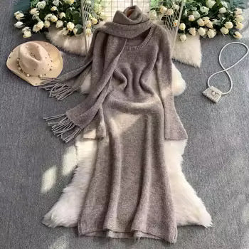 Cozy Knit Woolen Dress Set with Neck Wrap