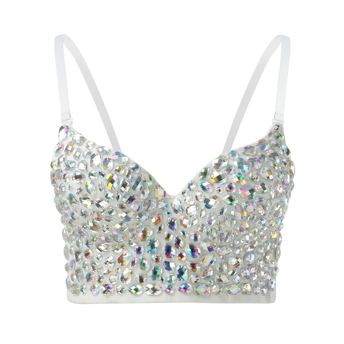 Hand made Bejeweled Bling Rhinestone Crop Top White (Silver stones)