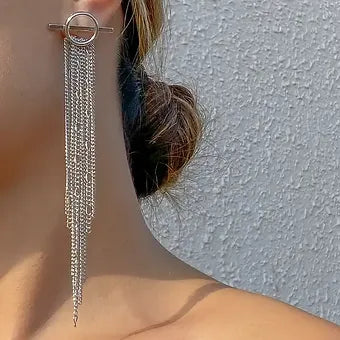 Chain Tassel Long Drop Earrings (Silver)