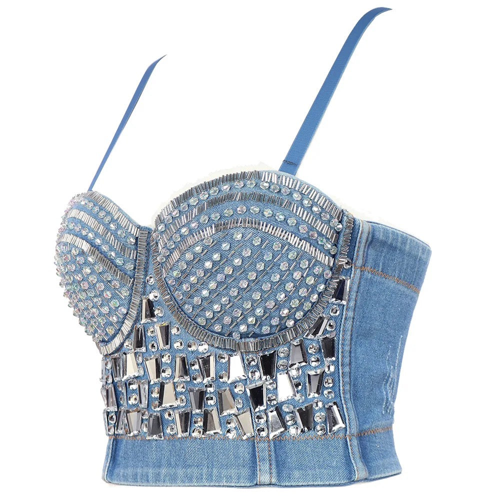 Handmade Bejeweled Bling Rhinestone Corset (Denim)