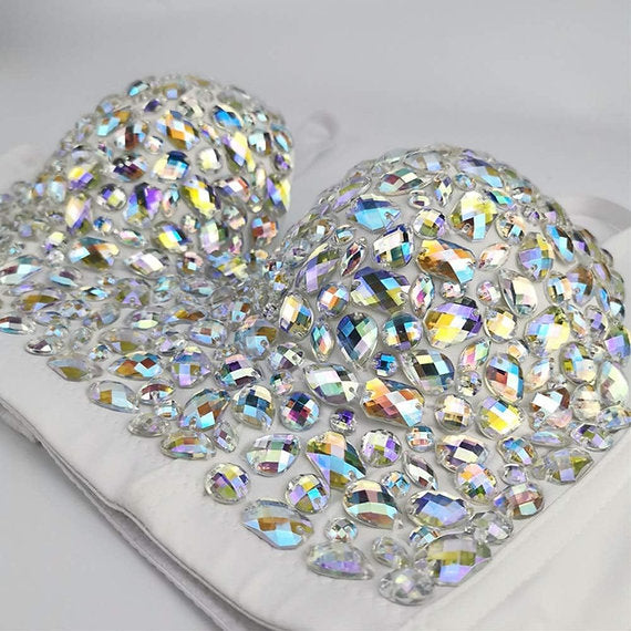 Hand made Bejeweled Bling Rhinestone Crop Top White (Silver stones)