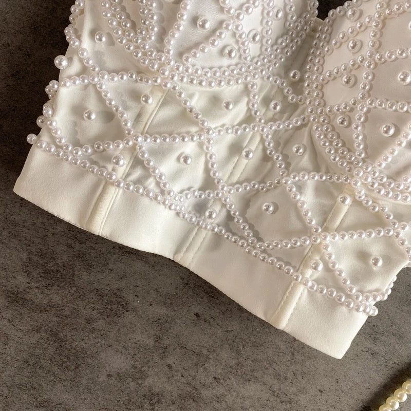 Hand made Bejeweled Pearl Corset Top (White)