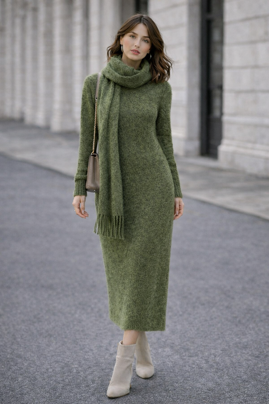 Cozy Knit Woolen Dress Set with Neck Wrap