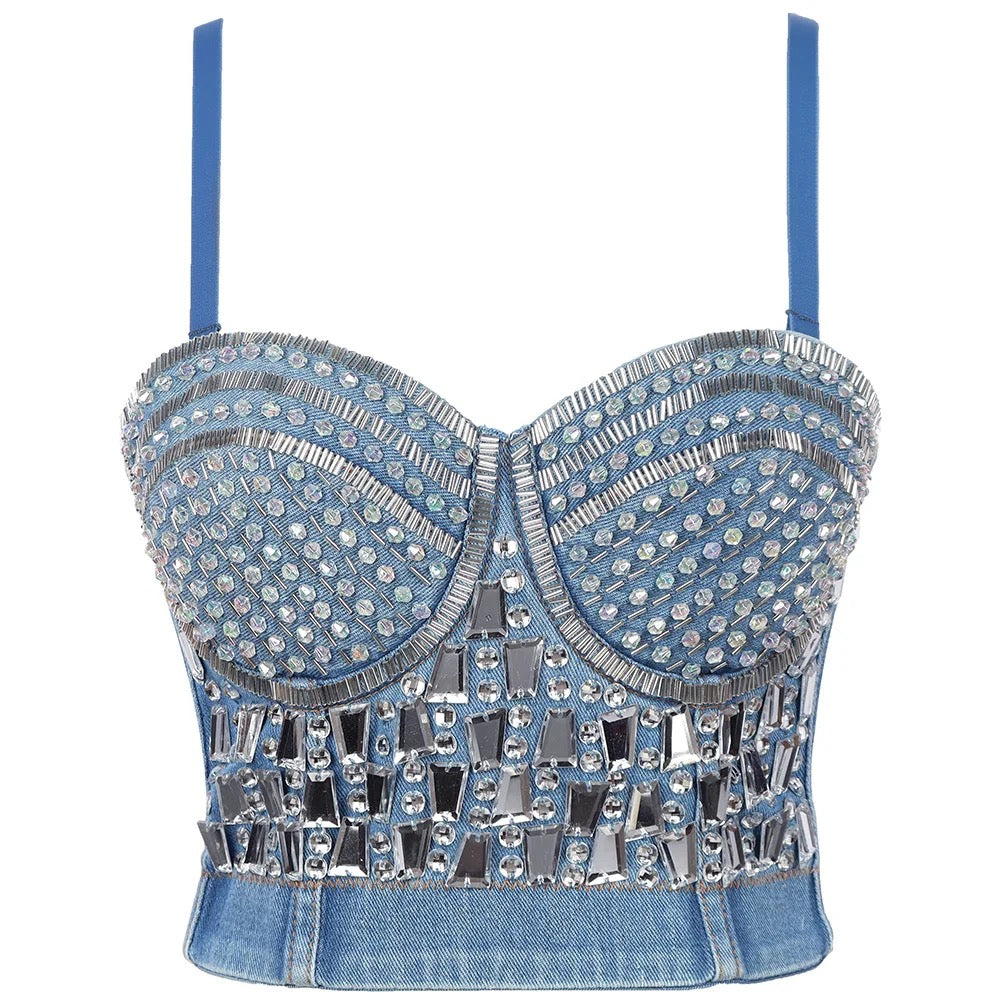 Handmade Bejeweled Bling Rhinestone Corset (Denim)