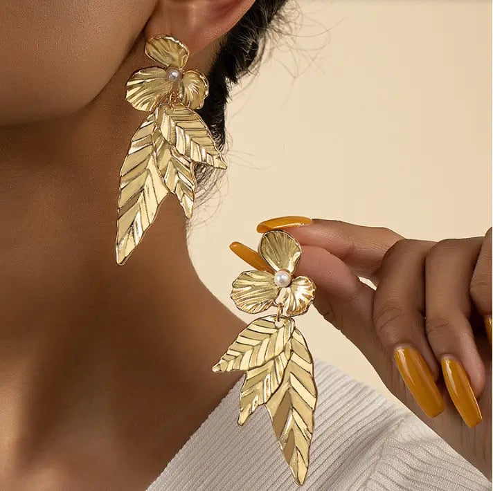 Gold and Bold Leaf Drops with Pearls & Flower