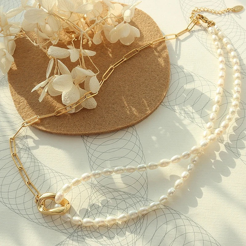 Half Pearl Half Gold Chain Necklace