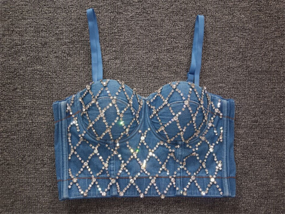 Denim Rhinestones Studded Corset