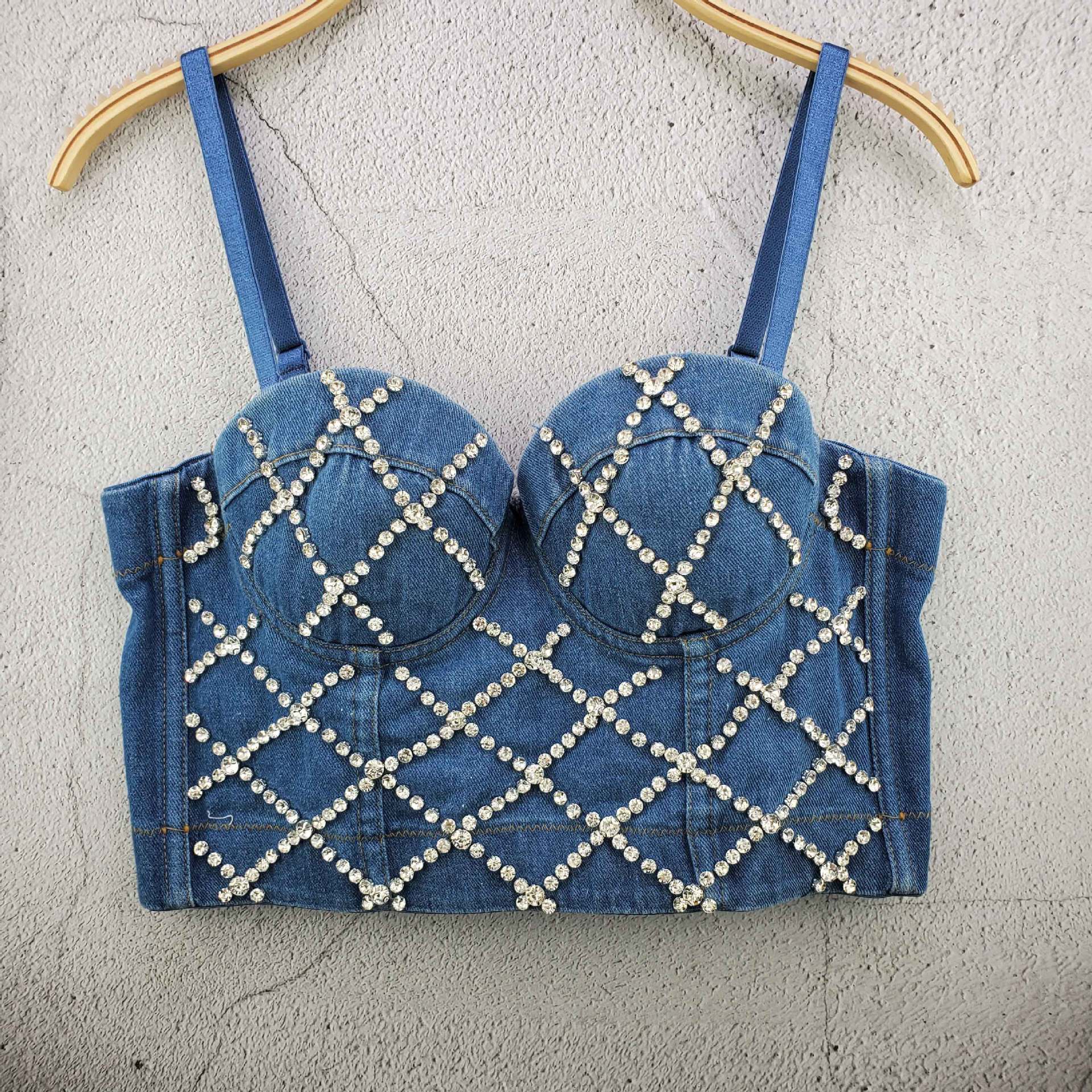 Denim Rhinestones Studded Corset