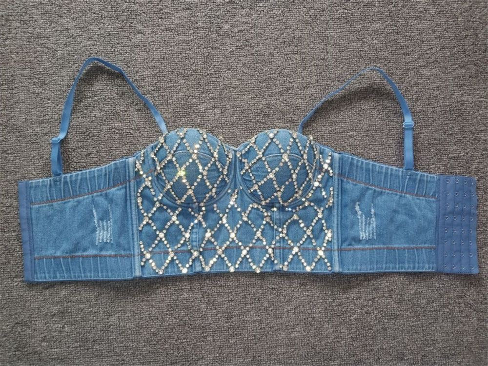 Denim Rhinestones Studded Corset