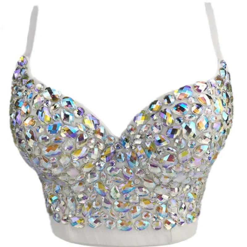 Hand made Bejeweled Bling Rhinestone Crop Top White (Silver stones)