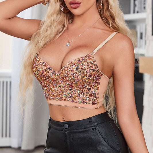 Hand made Bejeweled Bling Rhinestone Crop Top Skin Color (Gold stones)