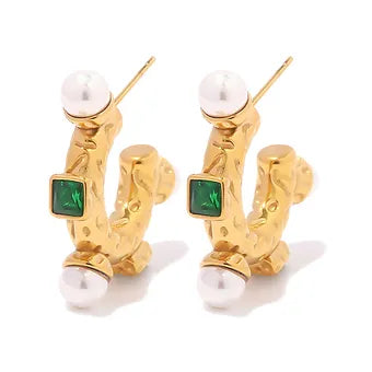 Emerald & Pearl Inlay Hoops (gold)