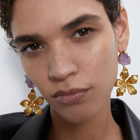 My Purple Stone & Gold Flower Dangles