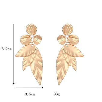 Gold and Bold Leaf Drops with Pearls & Flower