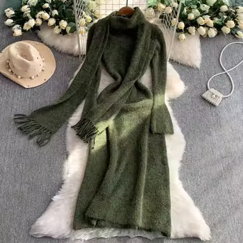 Cozy Knit Woolen Dress Set with Neck Wrap