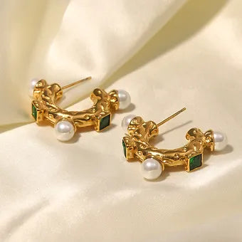 Emerald & Pearl Inlay Hoops (gold)