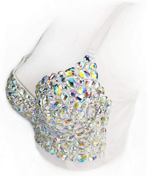 Hand made Bejeweled Bling Rhinestone Crop Top White (Silver stones)
