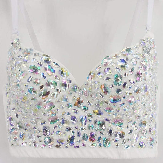 Hand made Bejeweled Bling Rhinestone Crop Top White (Silver stones)