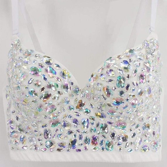 Hand made Bejeweled Bling Rhinestone Crop Top White (Silver stones)