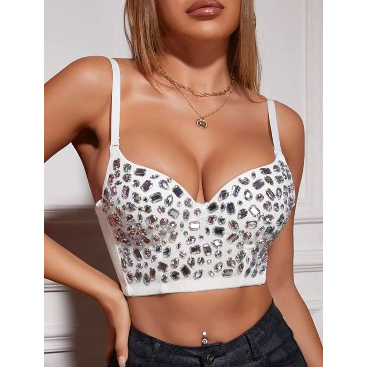 Hand made Bejeweled Bling Rhinestone Crop Top White (Silver stones)