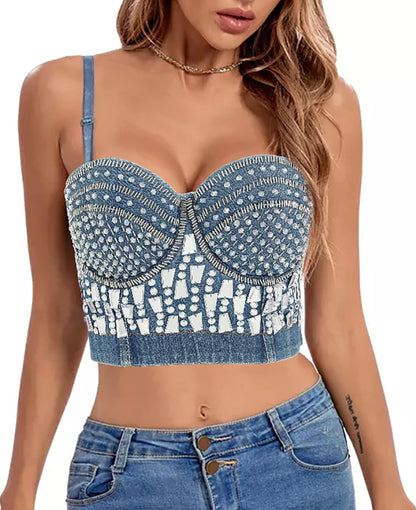 Handmade Bejeweled Bling Rhinestone Corset (Denim)