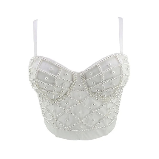 Hand made Bejeweled Pearls Corset Top (White)