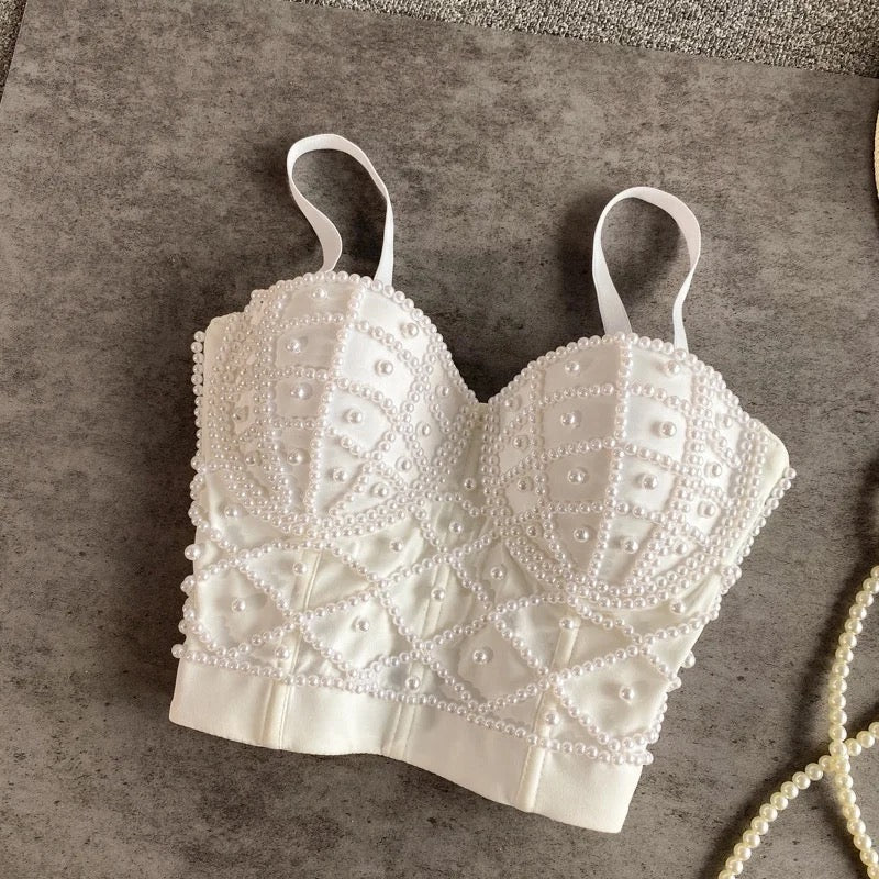 Hand made Bejeweled Pearls Corset Top (White)