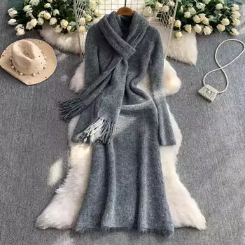 Cozy Knit Woolen Dress Set with Neck Wrap