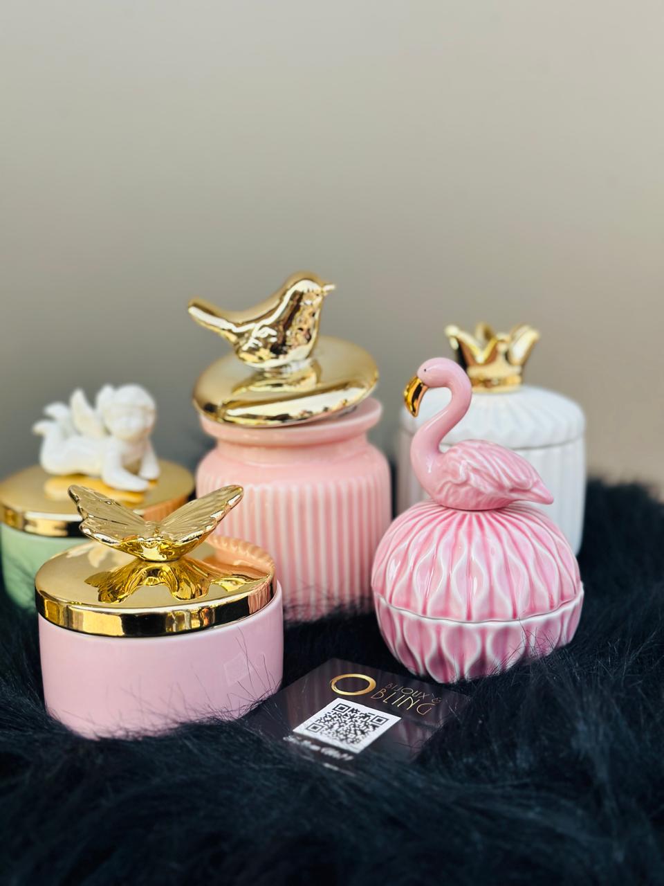 PINK FLAMINGO outlet Trinket box with lid ceramic