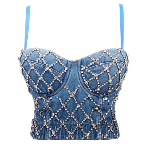 Denim Rhinestones Studded Corset