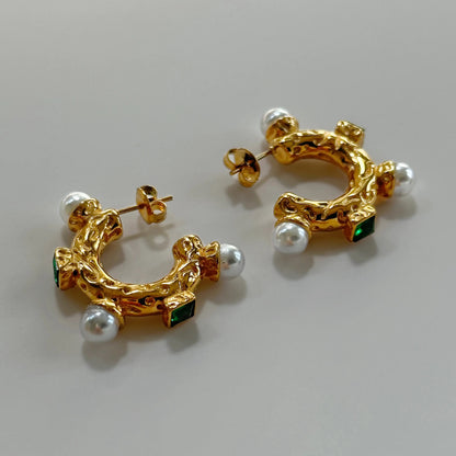 Emerald & Pearl Inlay Hoops (gold)