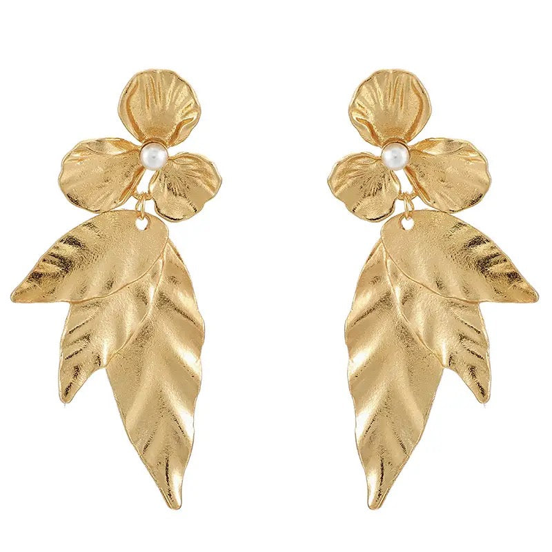 Gold and Bold Leaf Drops with Pearls & Flower