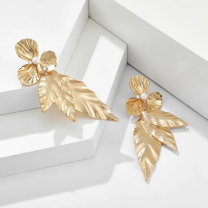 Gold and Bold Leaf Drops with Pearls & Flower
