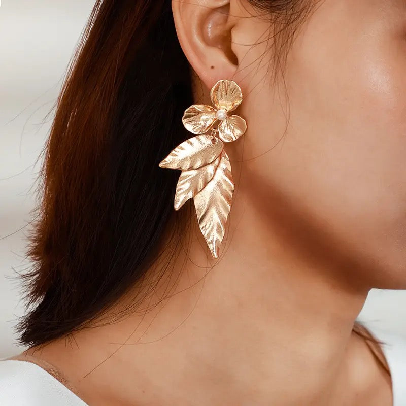 Gold and Bold Leaf Drops with Pearls & Flower