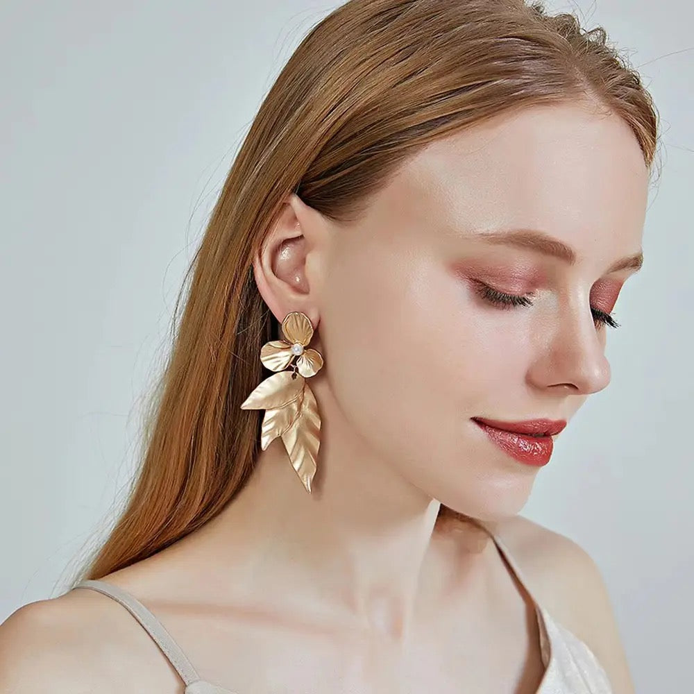 Gold and Bold Leaf Drops with Pearls & Flower