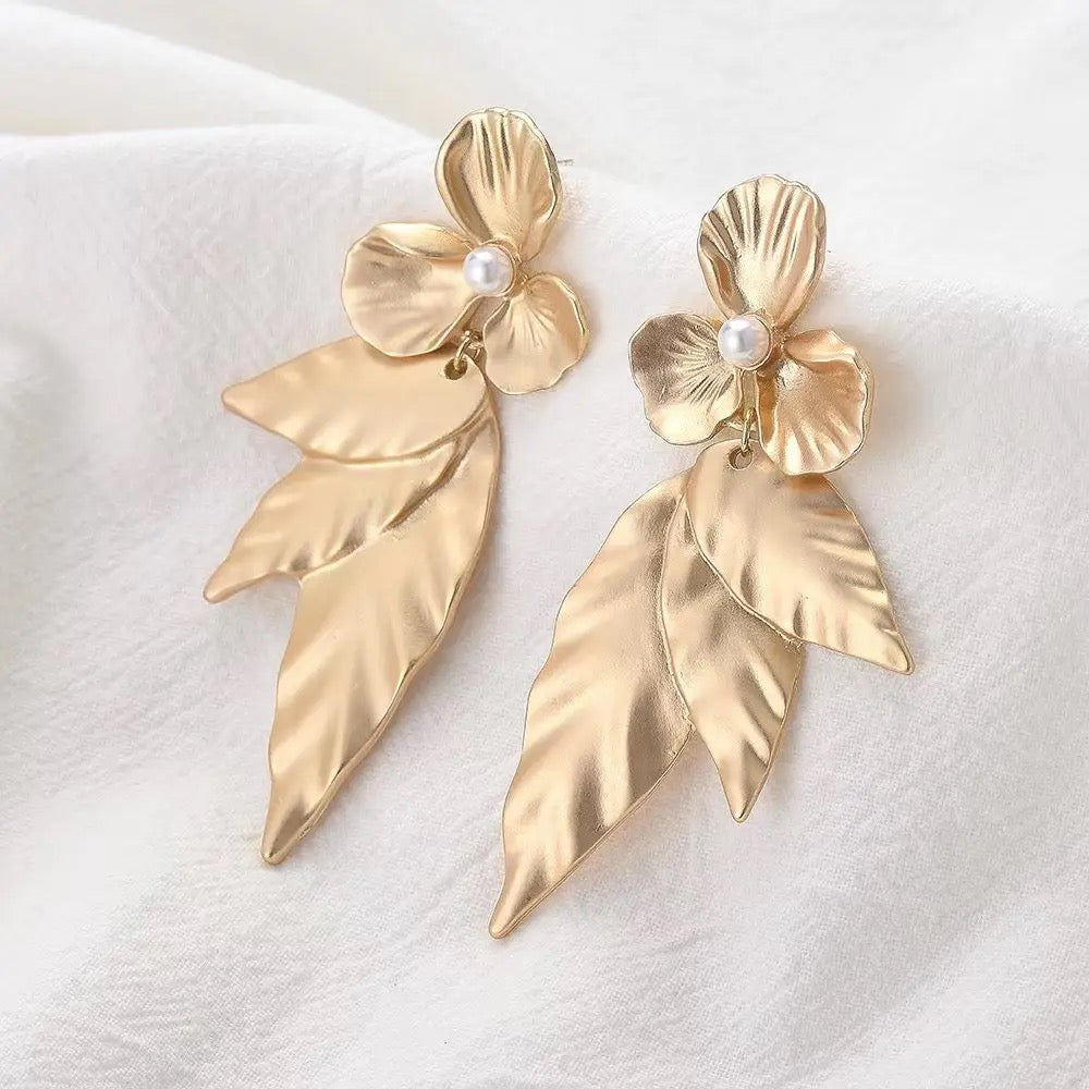 Gold and Bold Leaf Drops with Pearls & Flower