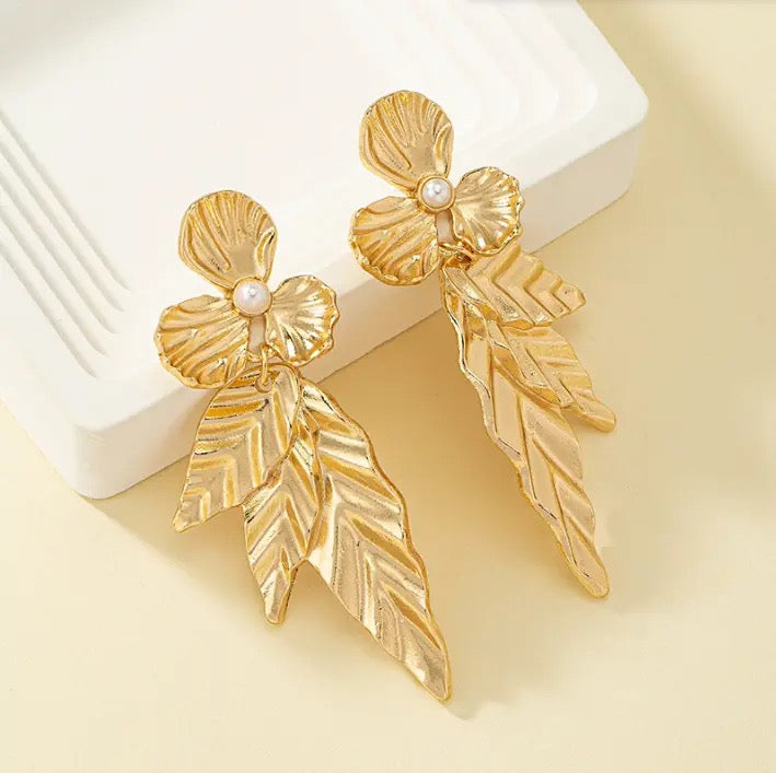 Gold and Bold Leaf Drops with Pearls & Flower