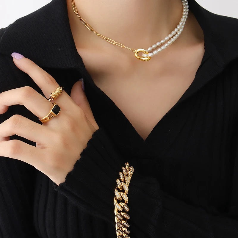Half Pearl Half Gold Chain Necklace