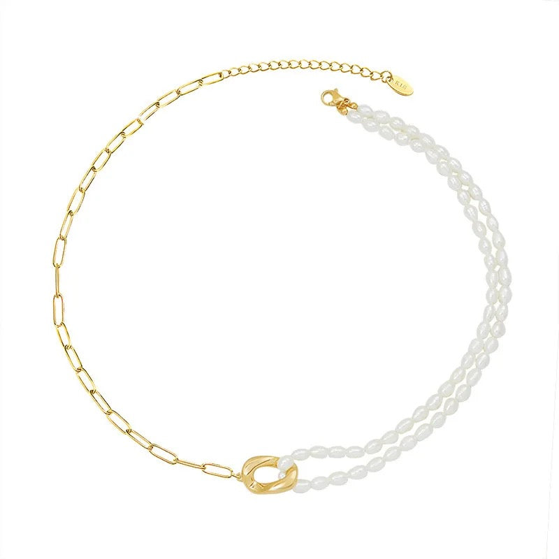Half Pearl Half Gold Chain Necklace
