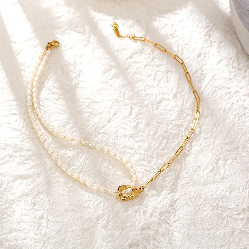 Half Pearl Half Gold Chain Necklace