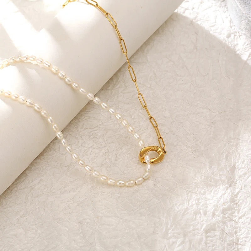 Half Pearl Half Gold Chain Necklace
