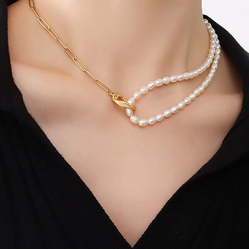Half Pearl Half Gold Chain Necklace