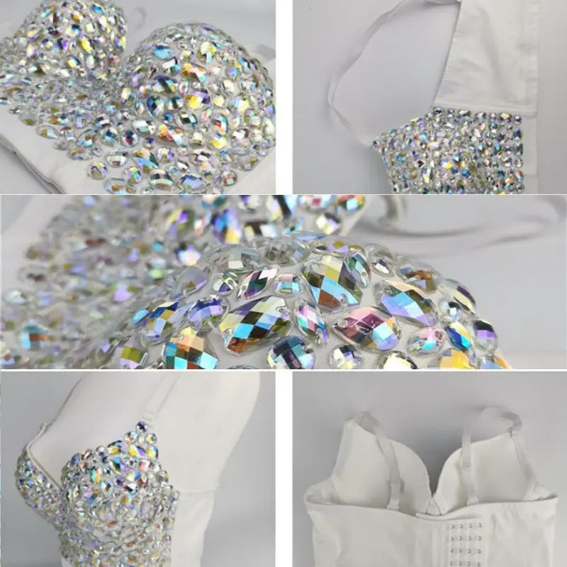 Hand made Bejeweled Bling Rhinestone Crop Top White (Silver stones)