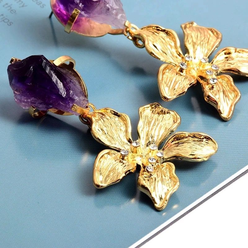 My Purple Stone & Gold Flower Dangles
