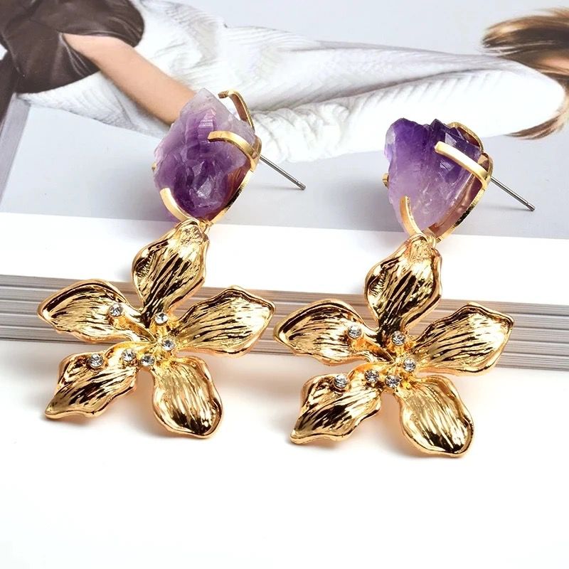 My Purple Stone & Gold Flower Dangles
